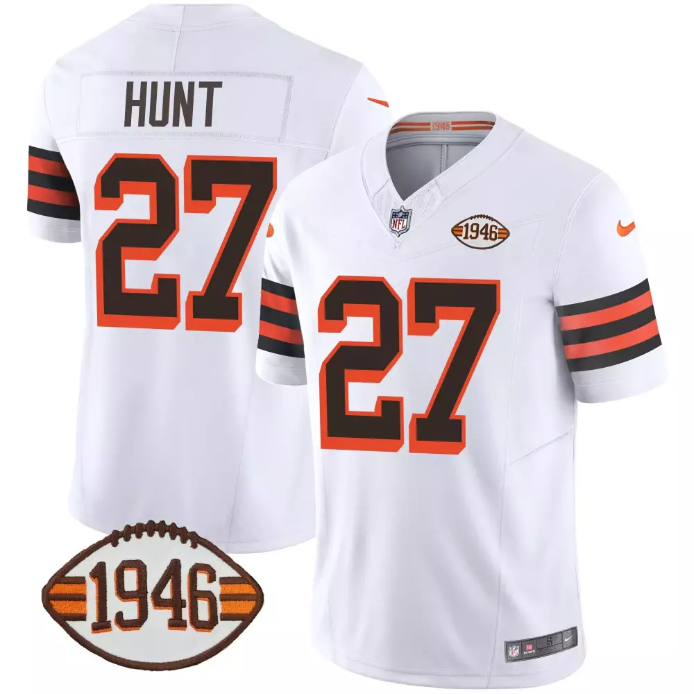 Kareem Hunt 27 Cleveland Browns Jersey White 1946 Throwback Men Design Orange Brown