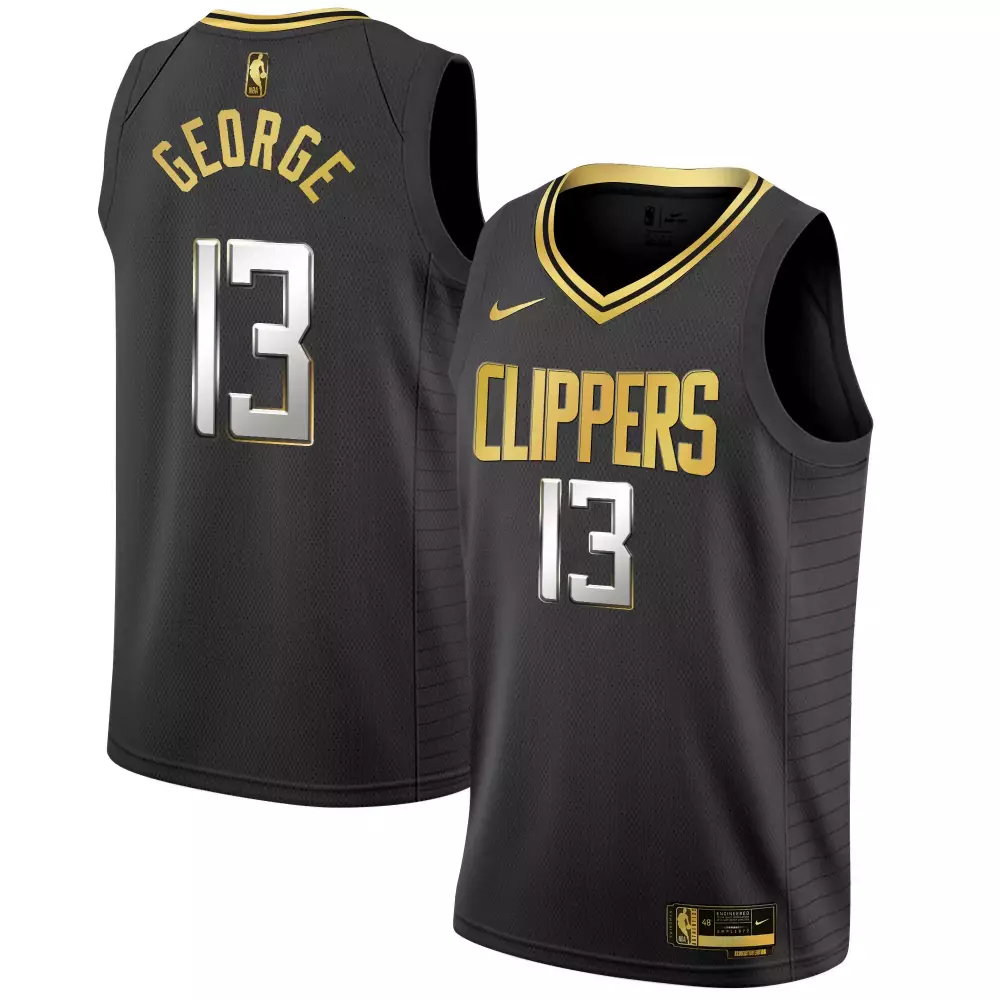Paul George 13 Clippers Jersey Black Men Gold Silver Swingman All Stitched