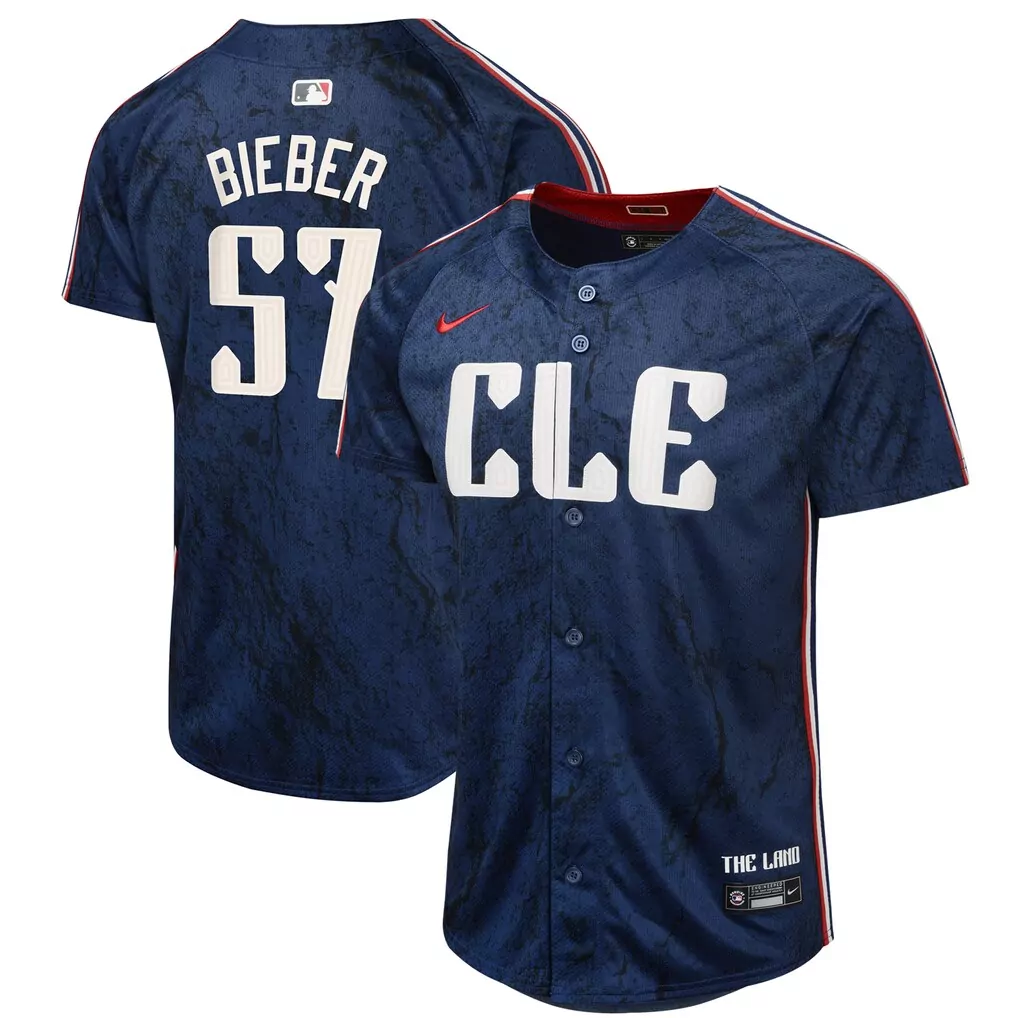 Shane Bieber 57 Jersey Navy Cleveland Guardians Land Men Custom Design White Red
