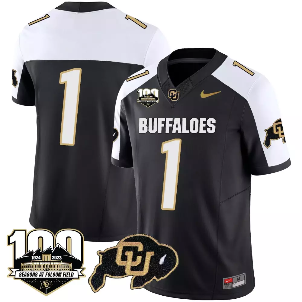 Buffaloes 1 Colorado Jersey Black 100 Seasons Folsom Field 2023 Men White Gold Alternate