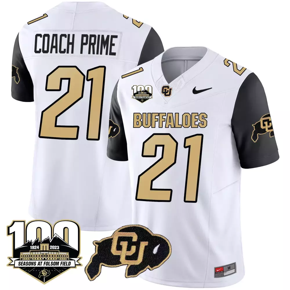 Coach Prime 21 Buffaloes Jersey White 100 Seasons Folsom Field Men Black Gold Vapor