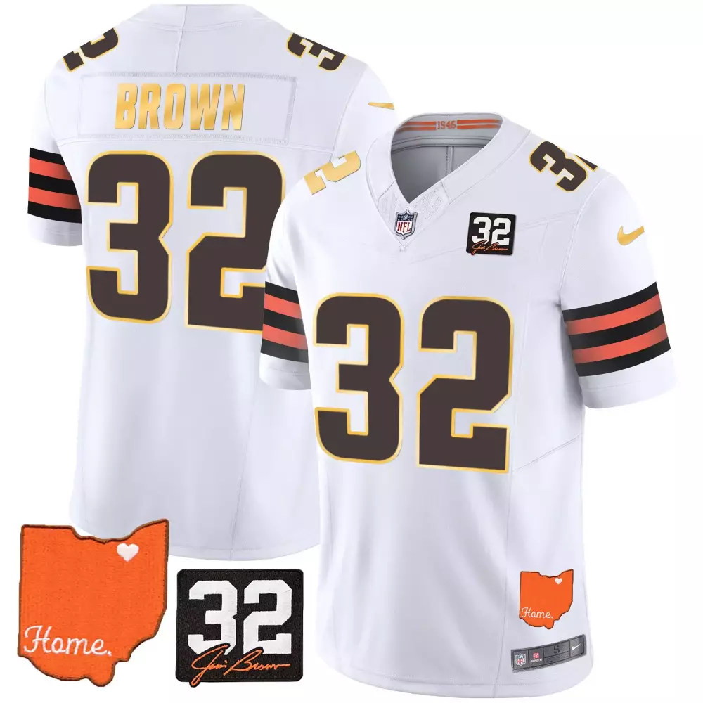 Jim Brown 32 Cleveland Browns Jersey White 1945 Ohio Home Men Alternate Orange All