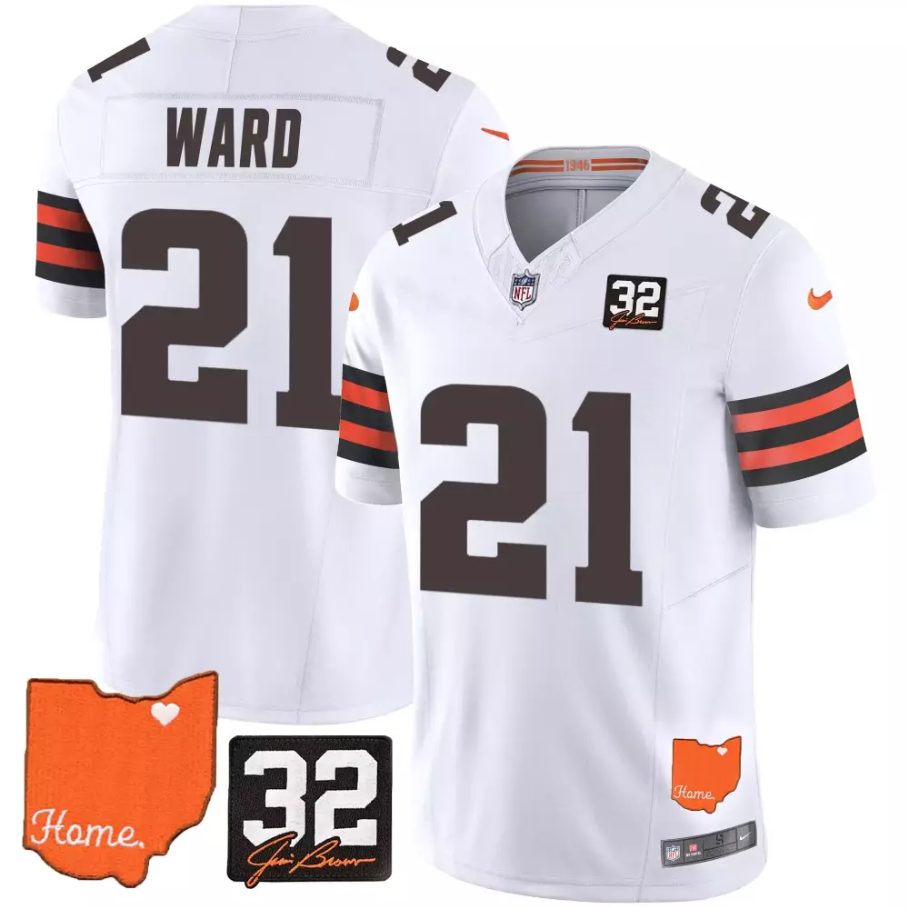 Denzel Ward 21 Cleveland Browns Jersey White Ohio Home Jim Brown 32 Men Standard