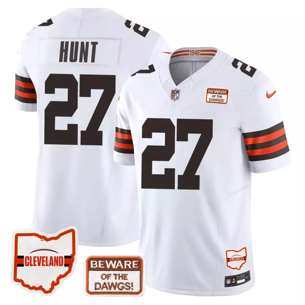 Kareem Hunt 27 Cleveland Browns Jersey White Beware Dawgs! Men NFL Brown Orange All