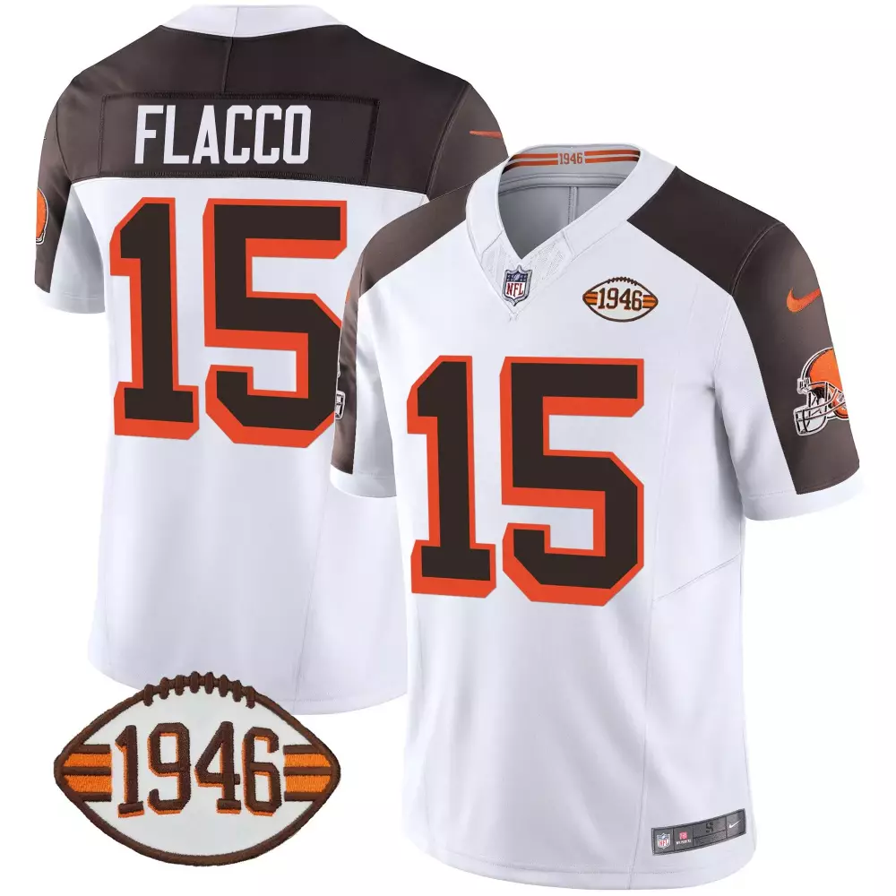 Joe Flacco 15 Cleveland Browns Jersey White Men Brown Orange Anniversary All Stitched
