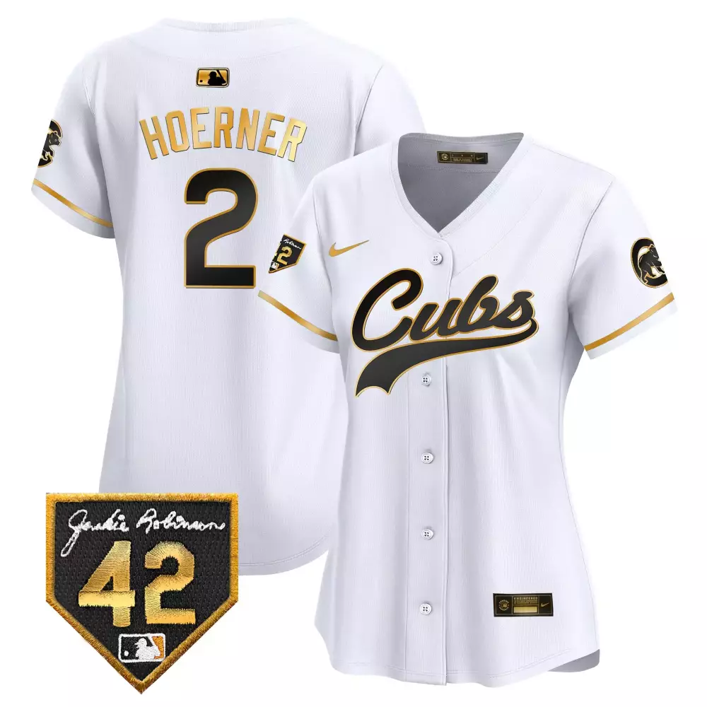Nico Hoerner 2 Cubs Jersey White Jackie Robinson 42 Women Black Gold Vapor Premier