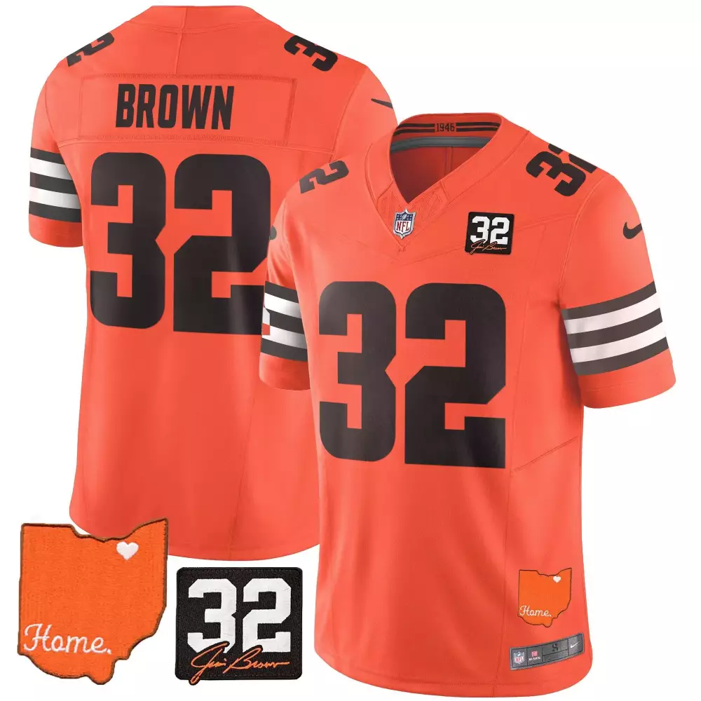 Brown 32 Cleveland Browns Jersey Orange NFL 100 Ohio Heart Player Signature Men Black