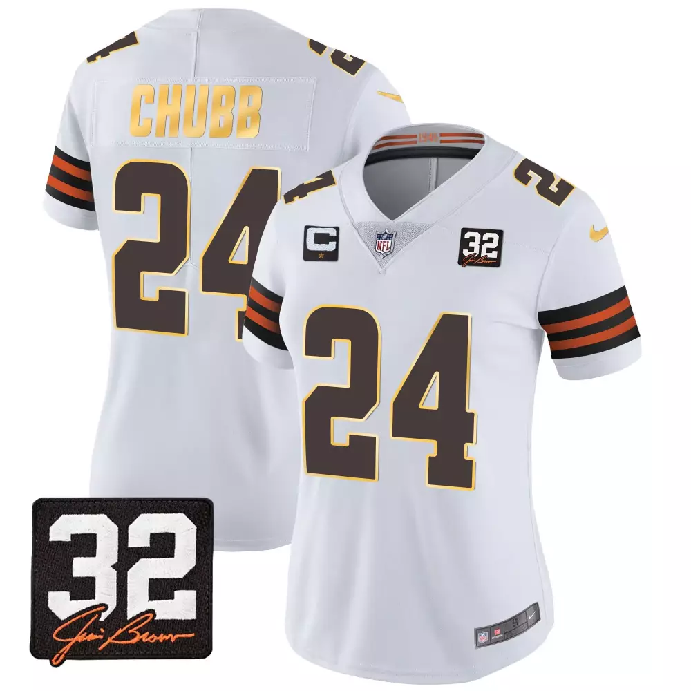 Nick Chubb 24 Cleveland Browns Jersey White Women NFL Alternate Brown Orange All