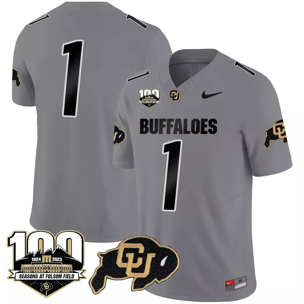 Custom Colorado Buffaloes 1 Jersey Grey 100th Season Men Black Gold Vapor Limited