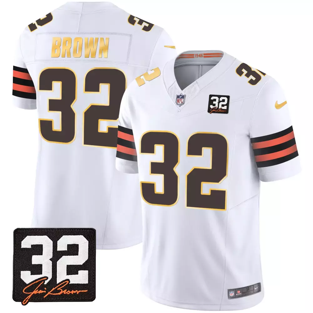 Jim Brown 32 Cleveland Browns Jersey White 1946 Men NFL Alternate Orange All Stitched