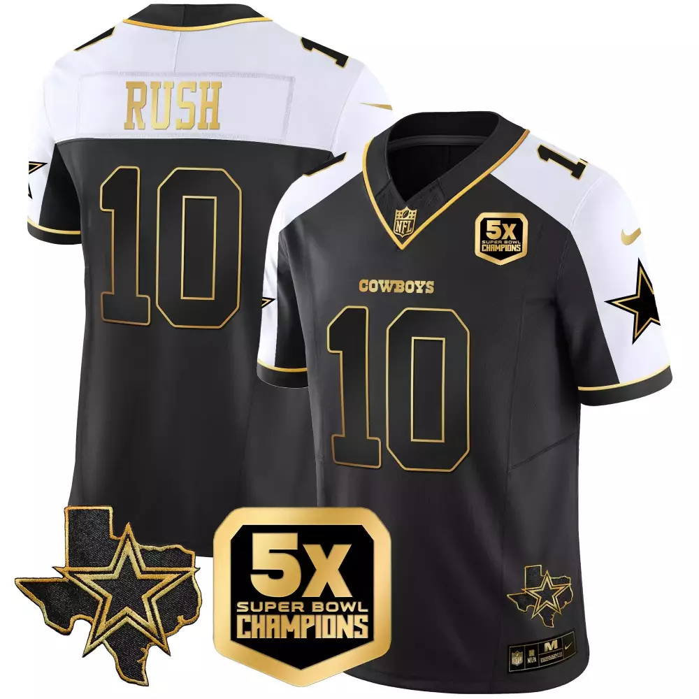 Rush 10 Cowboys Jersey Black 5x Super Bowl Champions Men Split Design White Gold