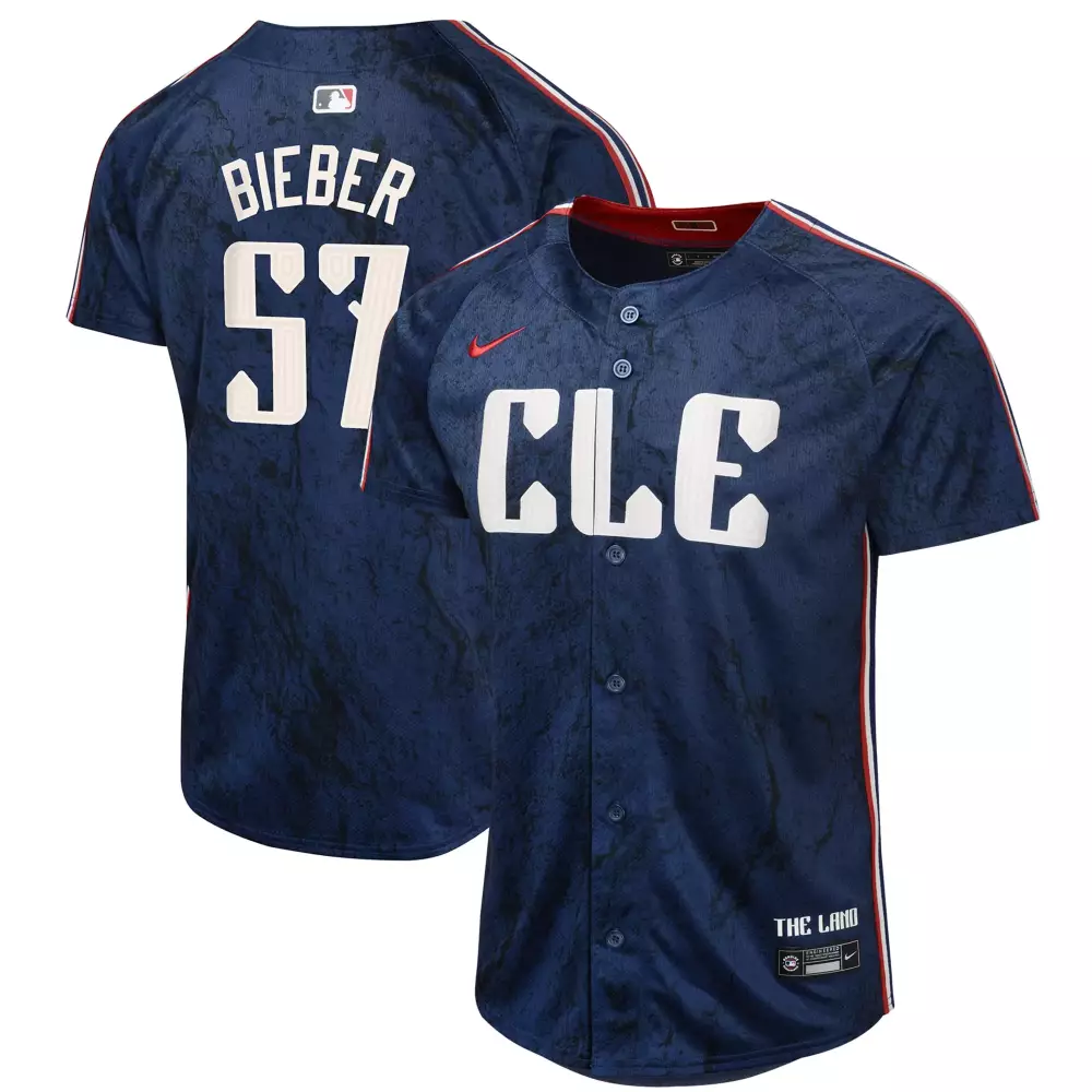 Shane Bieber 57 Jersey Navy The Land Cleveland Guardians Men Custom Design White