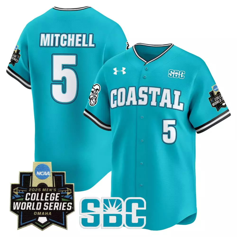 Mitchell 5 Coastal Jersey Teal 2025 Men's College World Series Men White Black Stitched