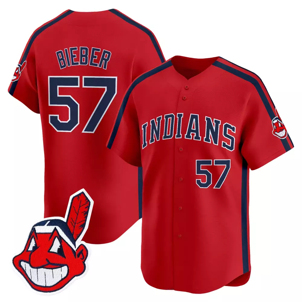 Bieber Indians 57 Jersey Red Chief Wahoo Men Navy Blue Stitched Vapor Embroidered
