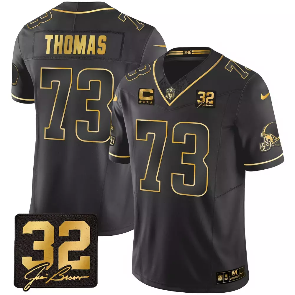 Joe Thomas 73 Cleveland Browns Jersey Black Color Rush Men Gold All Stitched