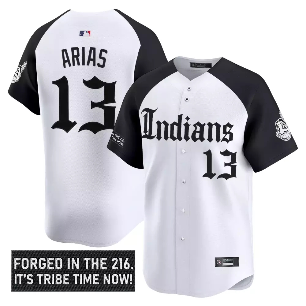 Arias Indians 13 Jersey White "forged In The 216. It's Tribe Time Now!" Cleveland Chief Wahoo
