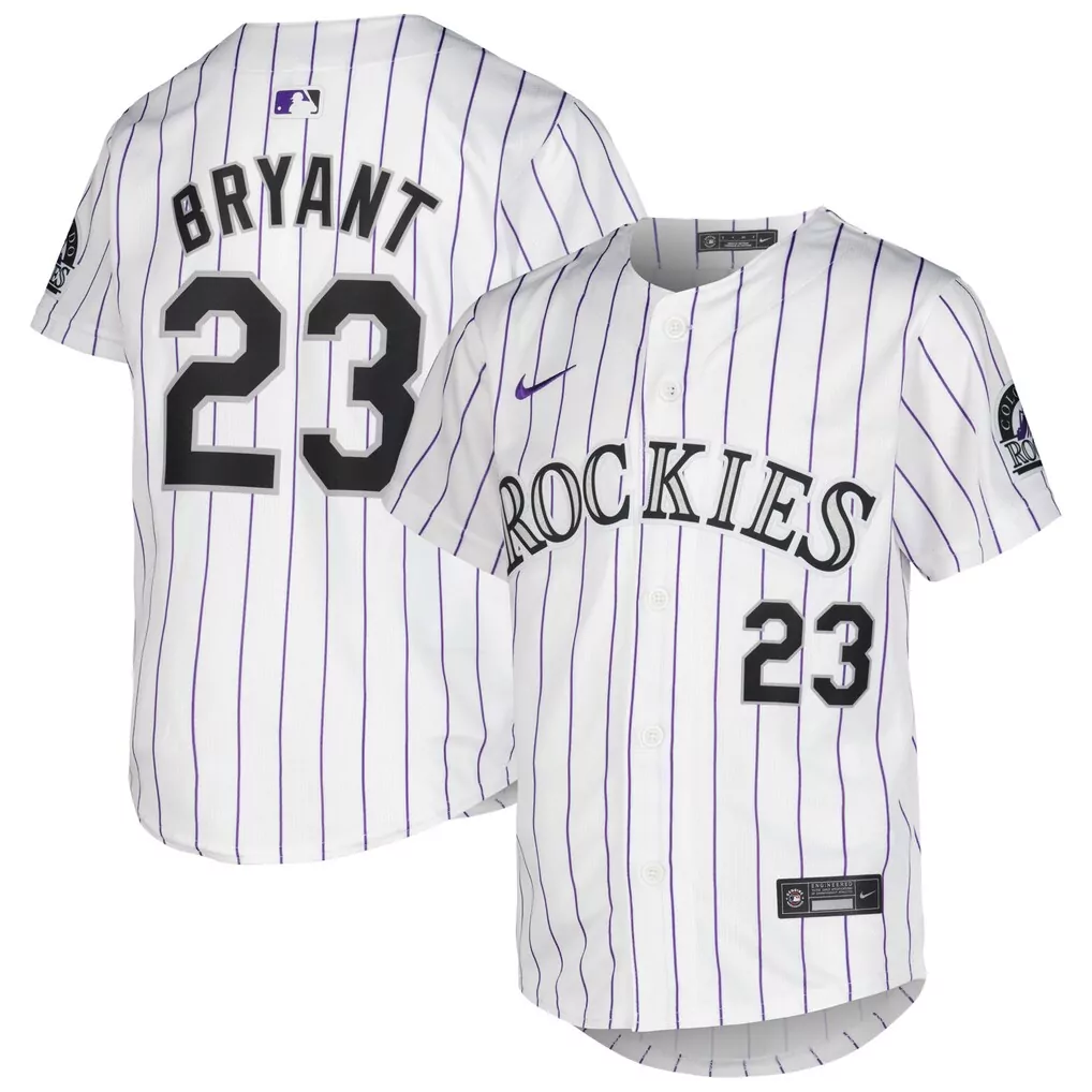 Kris Bryant 23 Colorado Rockies Jersey White Men Pinstripe Purple Black Home Limited