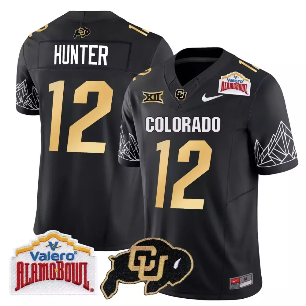 Travis Hunter 12 Colorado Jersey Black Alamo Bowl Valero 2023 Men Gold Stitched All