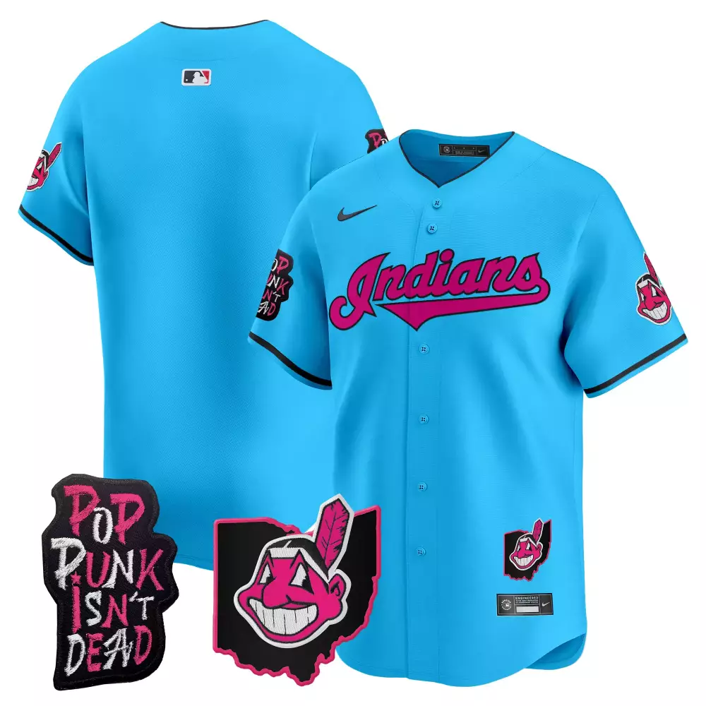 Custom Cleveland Indians Jersey Sky Blue Pop Punk Isn't Dead Chief Wahoo Ohio Outline