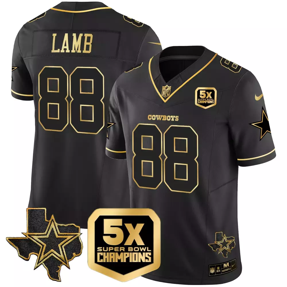 Ceedee Lamb 88 Cowboys Jersey Black Super Bowl Champions 5x Men Gold Vapor Limited