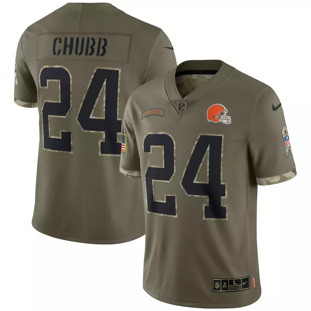 Nick Chubb 24 Cleveland Browns Jersey Olive Salute To Service American Flag Men Game