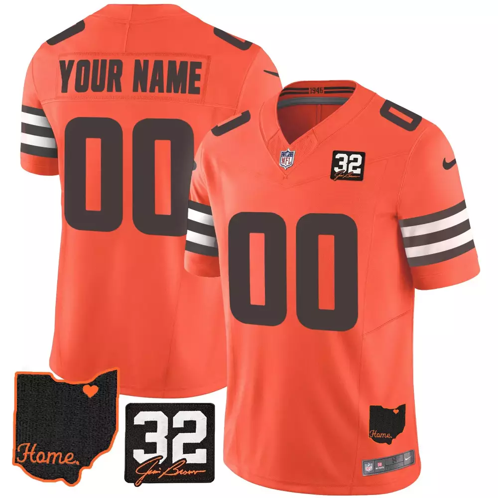 Custom Cleveland Browns Jersey Orange 1946 Ohio Shape Heart Jim Brown 32 Men White