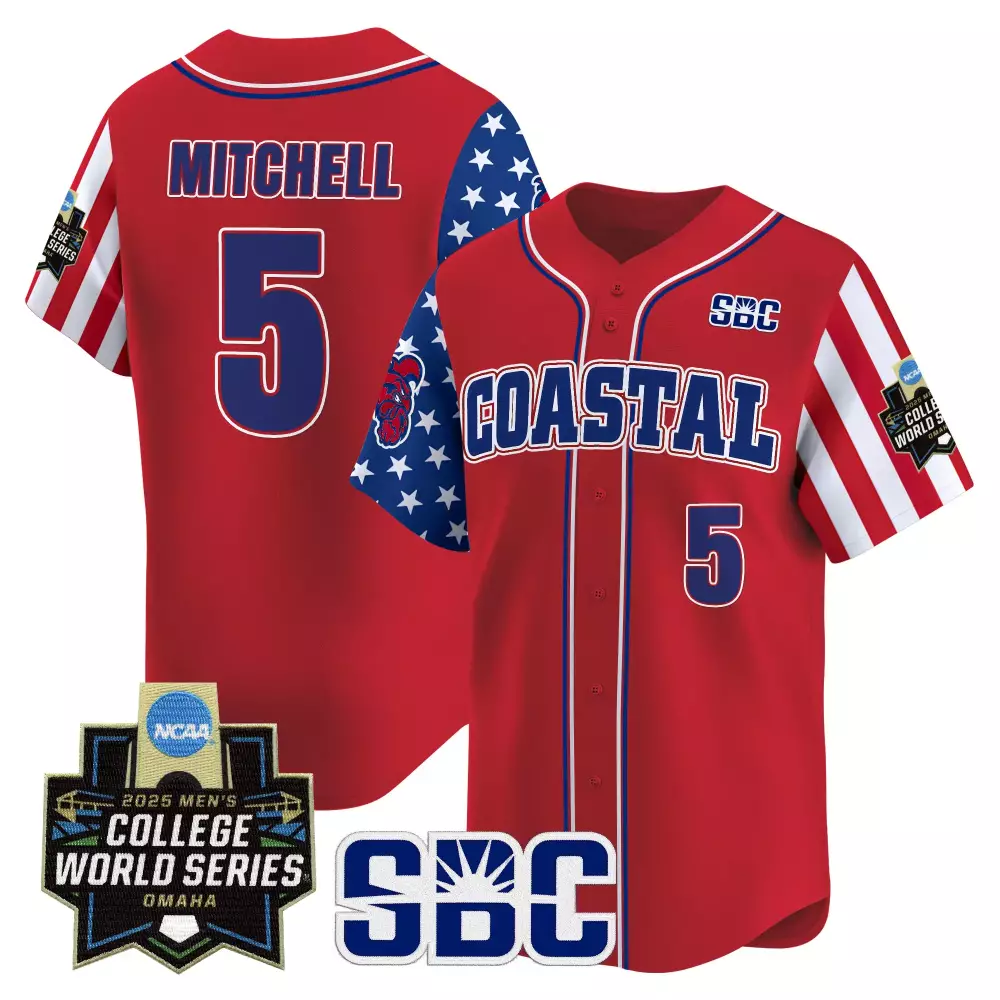 Mitchell 5 Coastal Jersey Red 2025 Men's College World Series Men Split Design Blue