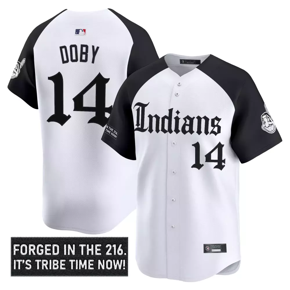 Doby Indians 14 Jersey White Forged In The 216. It's Tribe Time Now! Split Design