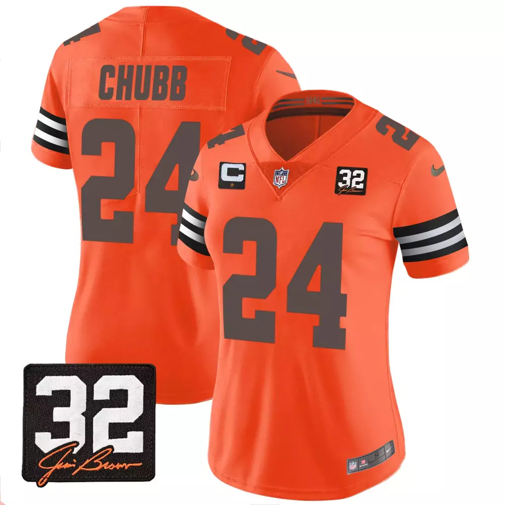 Nick Chubb 24 Cleveland Browns Jersey Orange Jim Brown Captain Women Player White