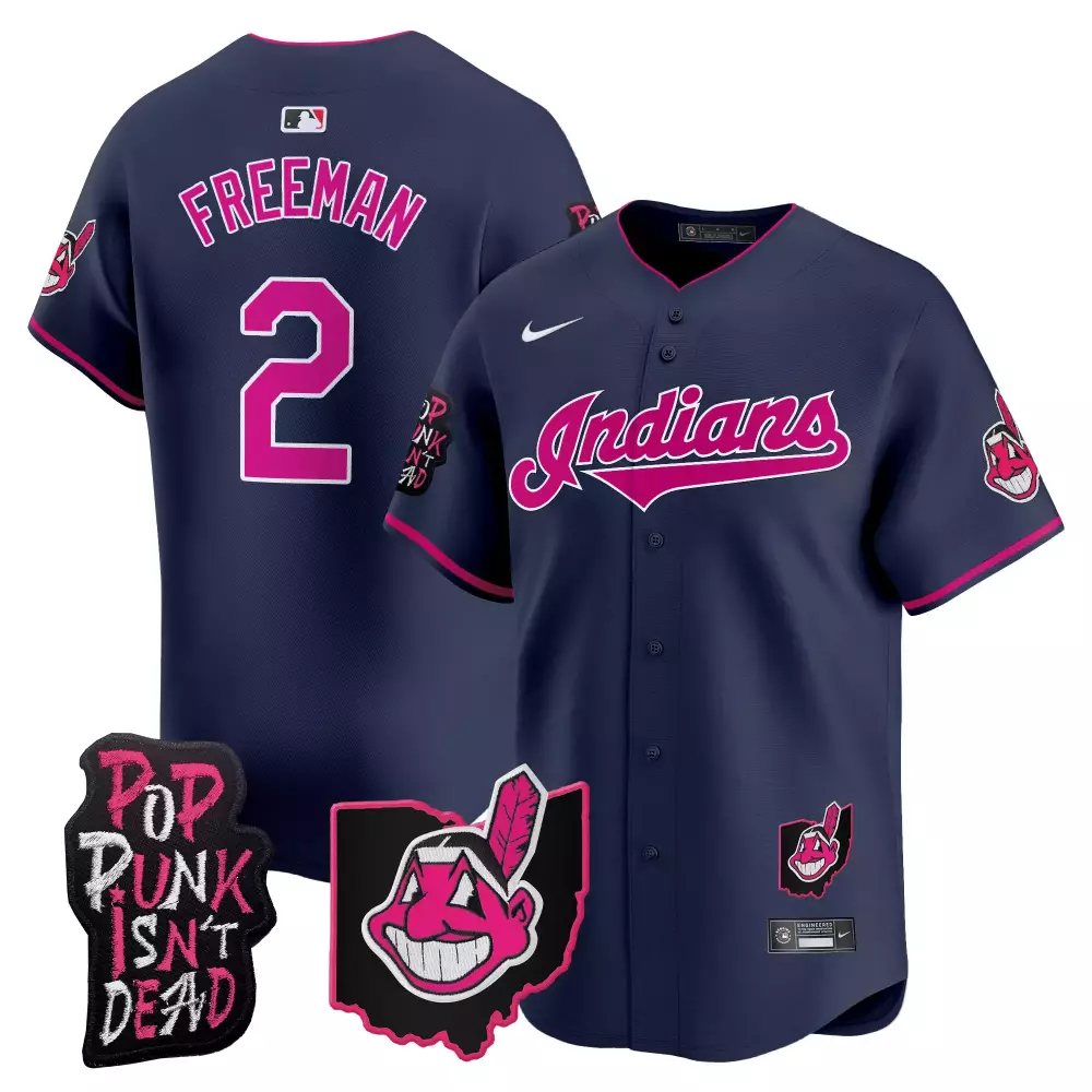 Tyler Freeman 2 Indians Jersey Navy Pop Punk Isn't Dead Chief Wahoo Men Pink All