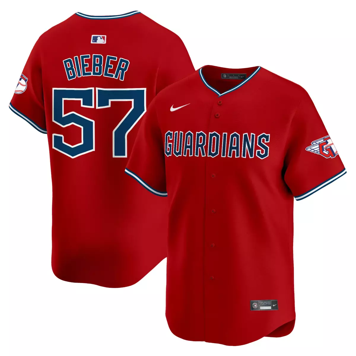 Shane Bieber 57 Guardians Jersey Red Men Blue White Vapor Premier Limited All Stitched