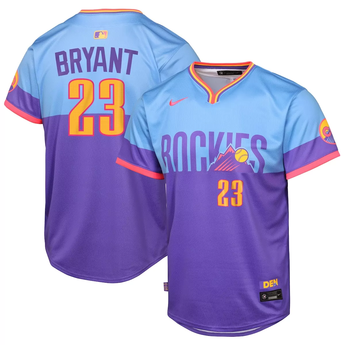Kris Bryant 23 Rockies Jersey Purple Men Split Design Light Blue Orange Pink Yellow