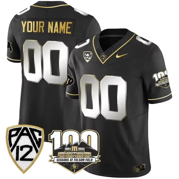 Custom Colorado Buffaloes Jersey Black 100 Seasons At Folsom Field 2023 Men Gold