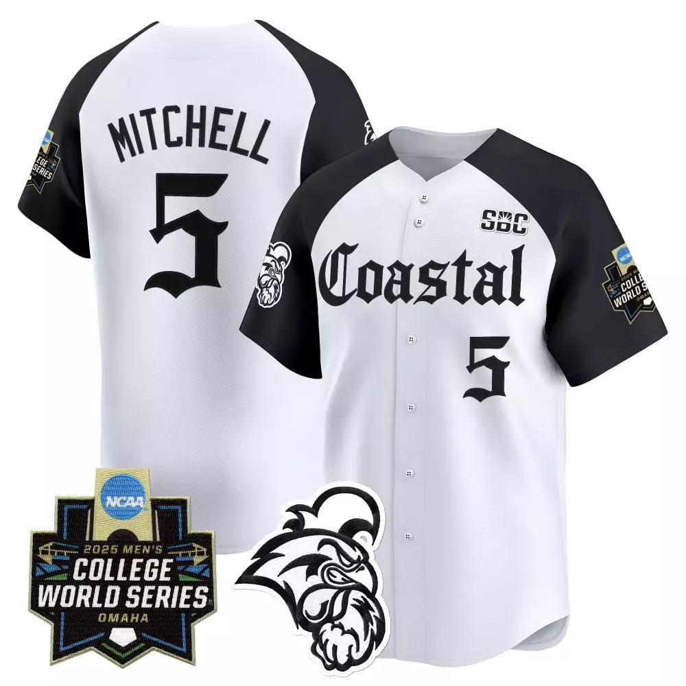 Mitchell 5 Coastal Jersey White College World Series Men Black Vapor Stitched