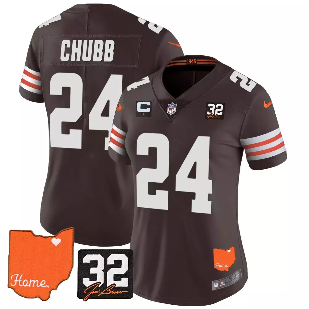 Nick Chubb 24 Browns Jersey Brown Men Player White Orange Home All Stitched