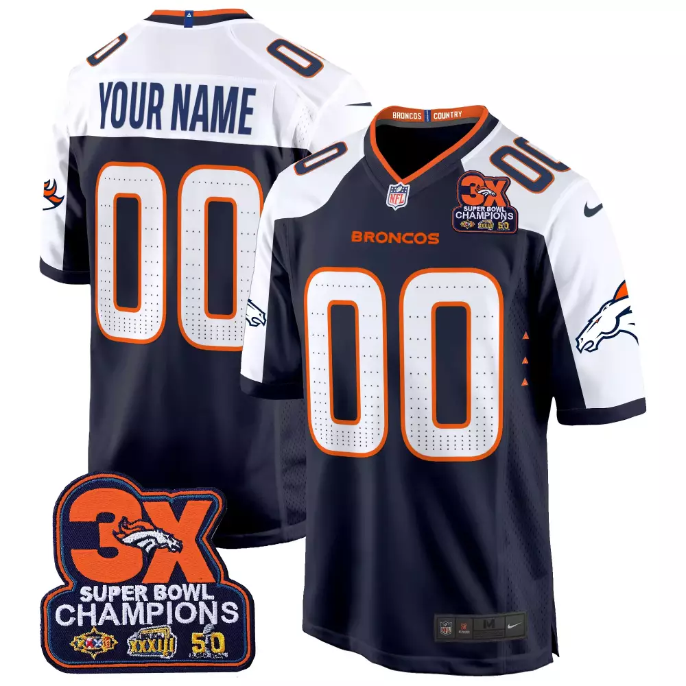 Custom Broncos Jersey Navy Super Bowl 50 3x Champions Men Orange White Alternate