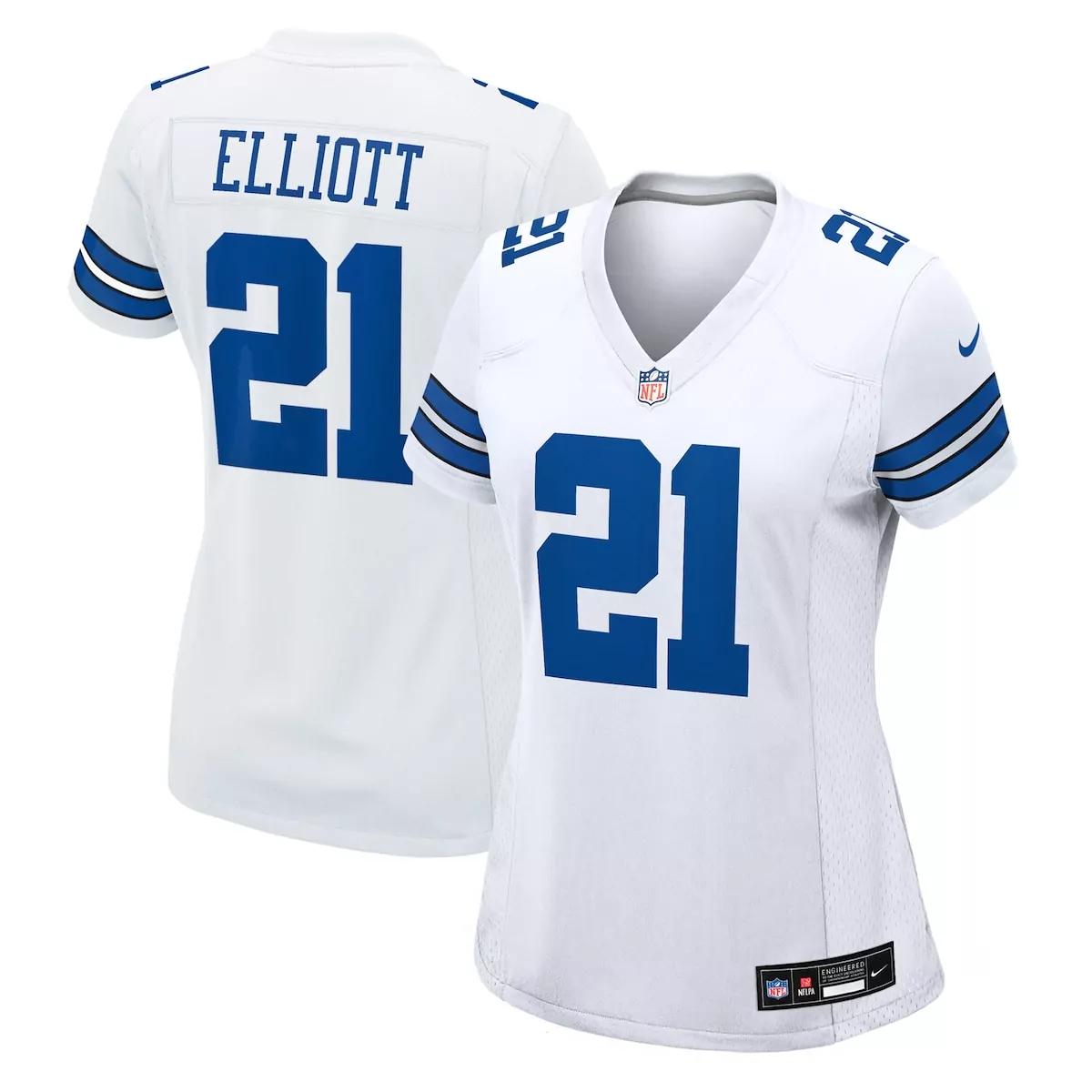 Ezekiel Elliott 21 Dallas Cowboys Jersey White Women Replica Royal Blue Silver Game