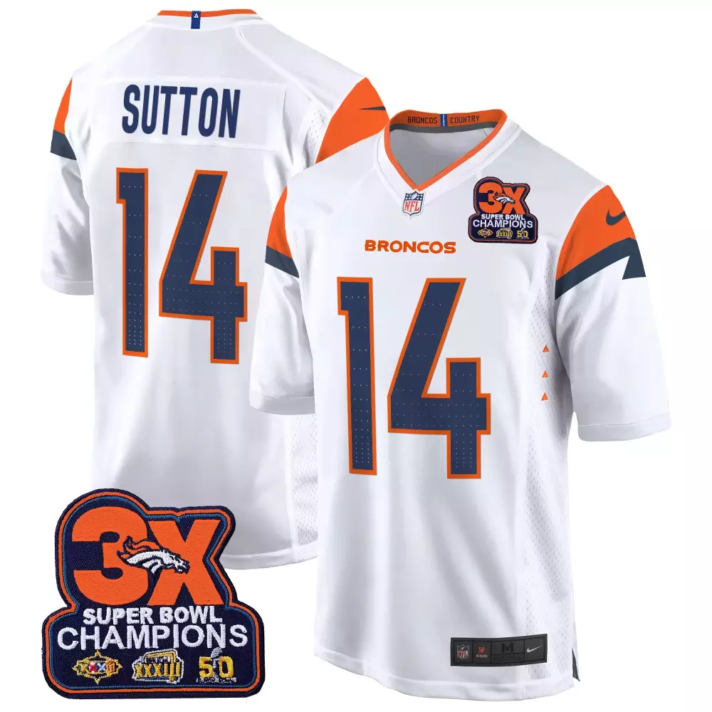 Courtland Sutton 14 Broncos Jersey White 3x Super Bowl Champions Men Alternate Orange
