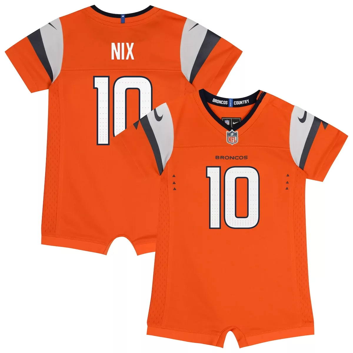 Bo Nix 10 Broncos Jersey Orange Kids Bodysuit White Navy Game