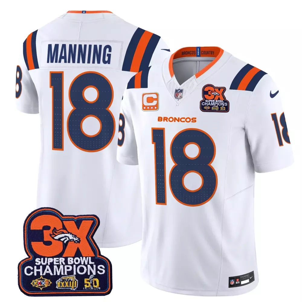 Peyton Manning 18 Broncos Jersey White Super Bowl 50 3X Champions Men Orange Navy