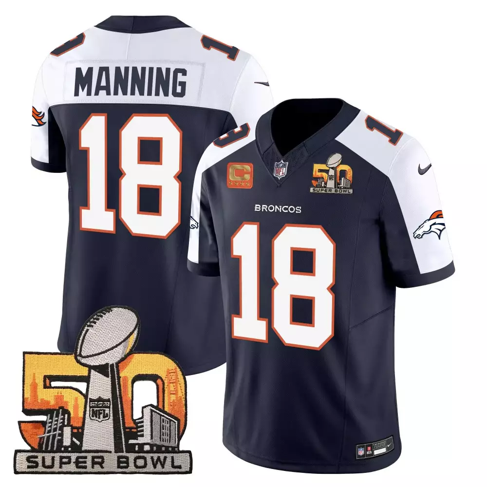 Peyton Manning 18 Broncos Jersey Navy Super Bowl 50 Men Authentic White Orange Alternate