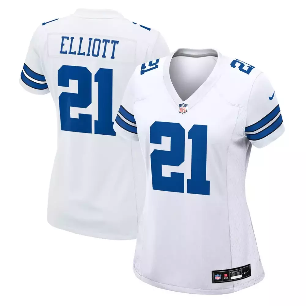 Ezekiel Elliott 21 Dallas Cowboys Jersey White Women Blue Silver Game