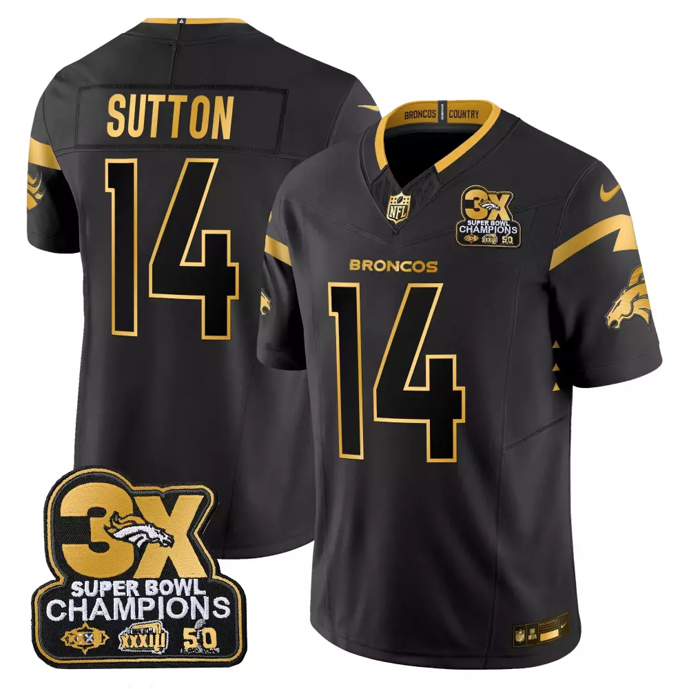 Courtland Sutton 14 Broncos Jersey Black Super Bowl Champions 3X 2023 Men NFL Gold