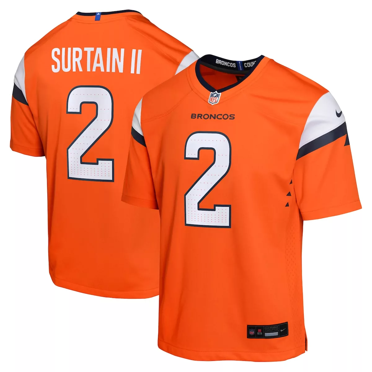 Patrick Surtain 2 Broncos Jersey Orange Men Authentic White Navy Blue Game
