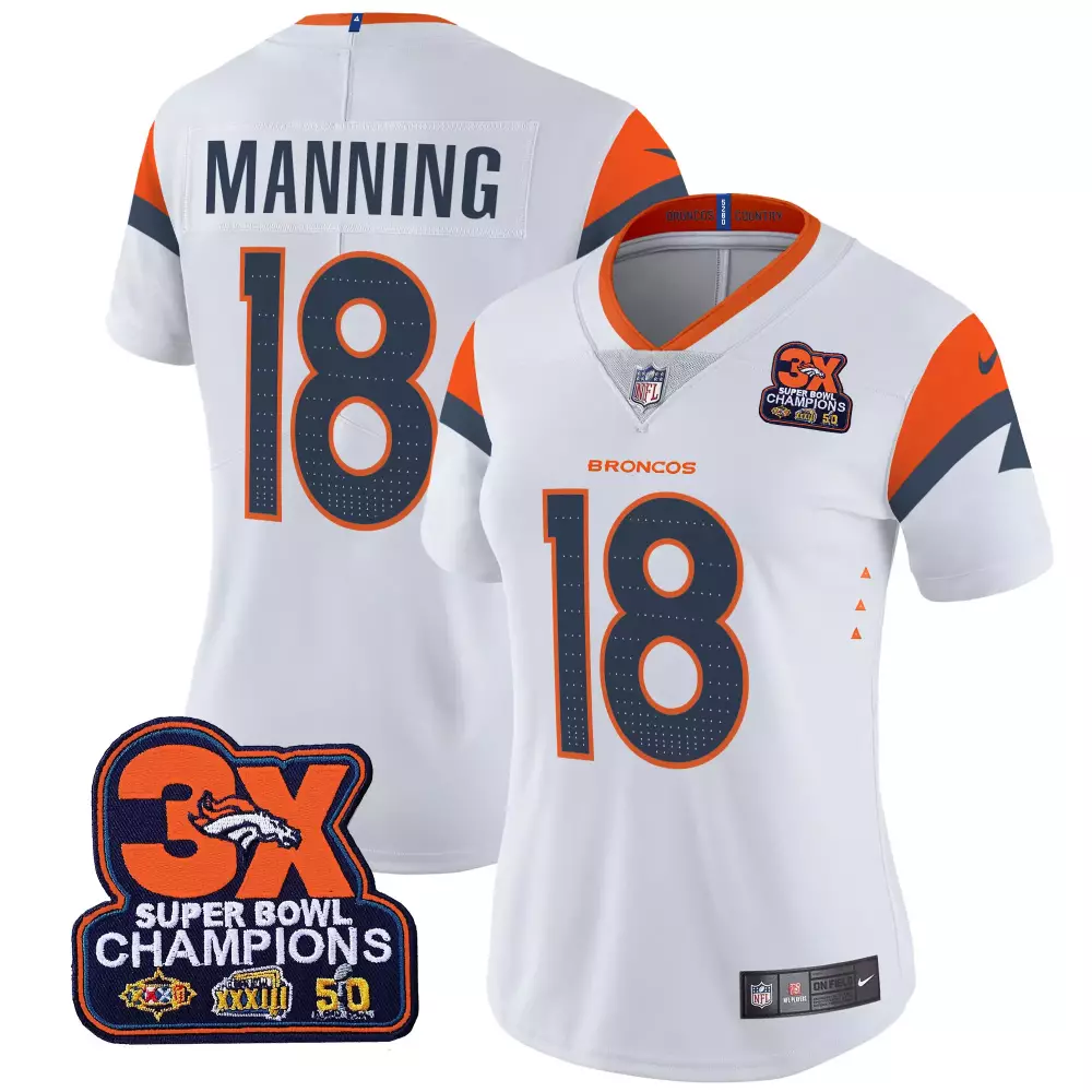Peyton Manning 18 Broncos Jersey White Super Bowl 50 3x Champions Men Replica Orange