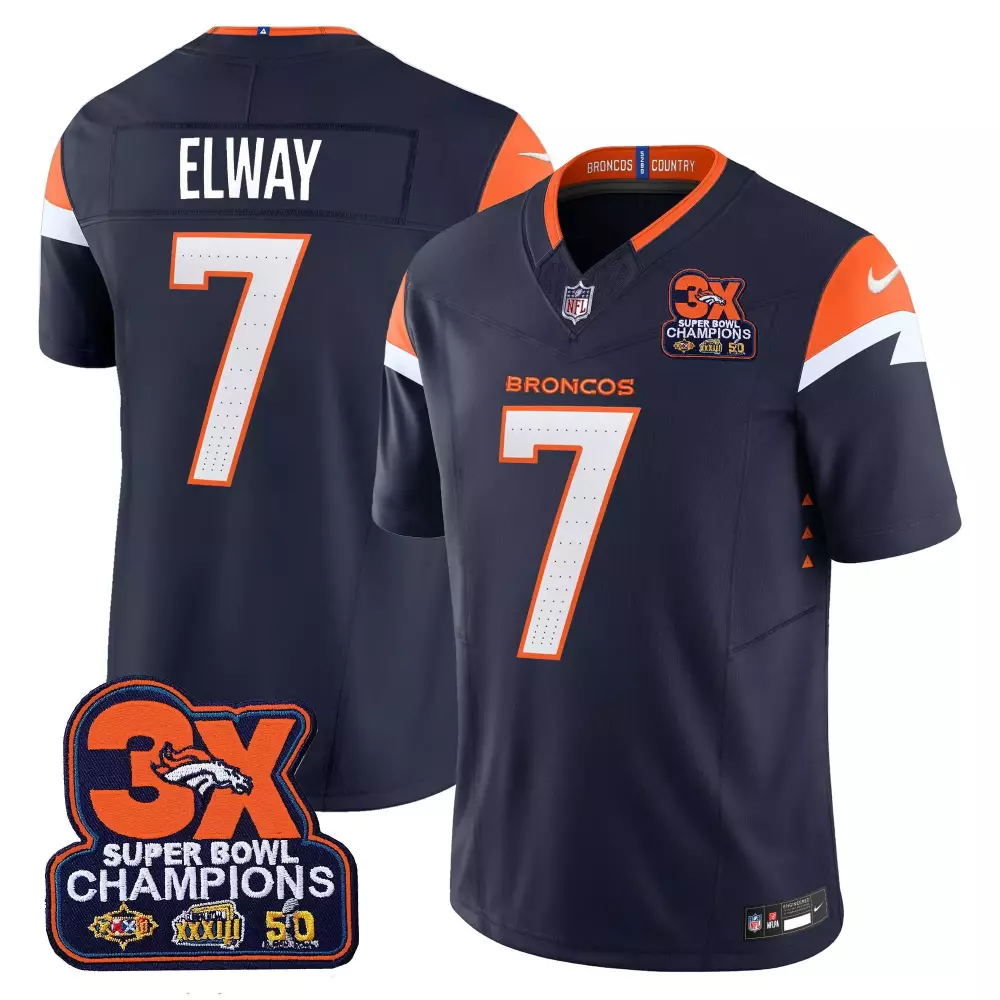 John Elway 7 Broncos Jersey Navy 3X Super Bowl Champions Men Orange White Vapor Limited
