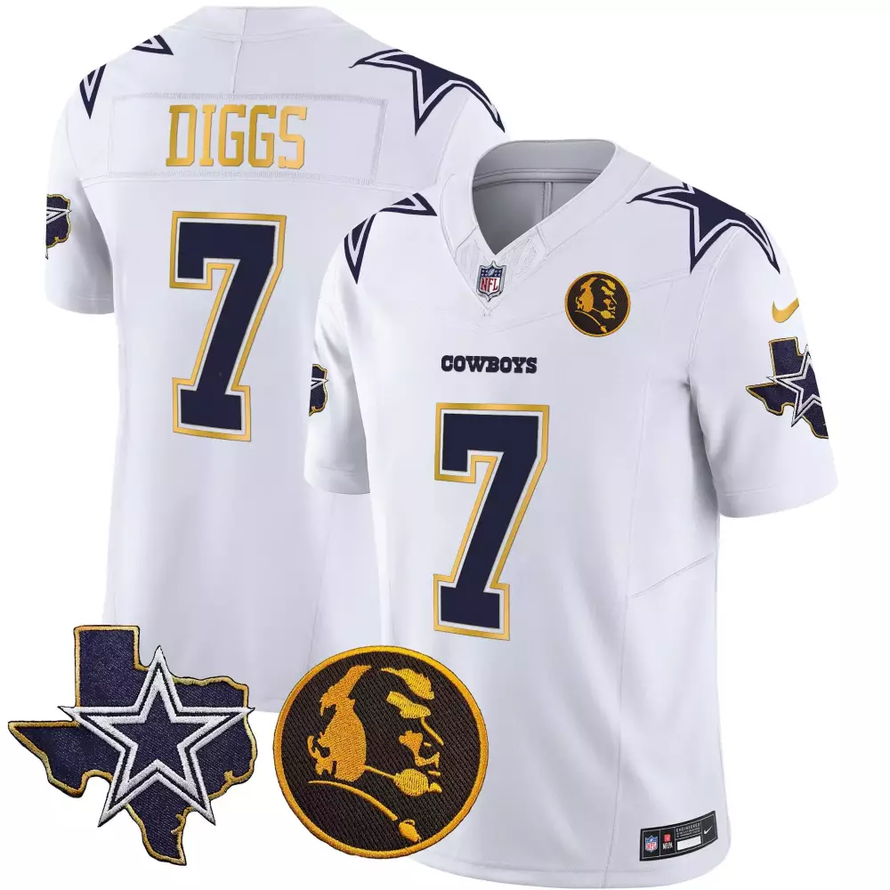 Trevon Diggs 7 Cowboys Jersey White Navy And Gold Alternate Texas Star Roger Staubach 2022