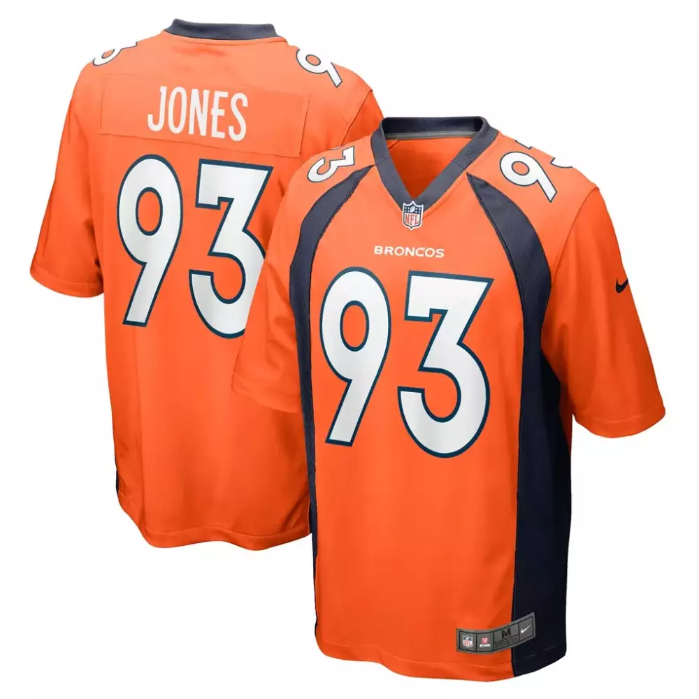 Jones 93 Broncos Jersey Orange Game Navy Blue