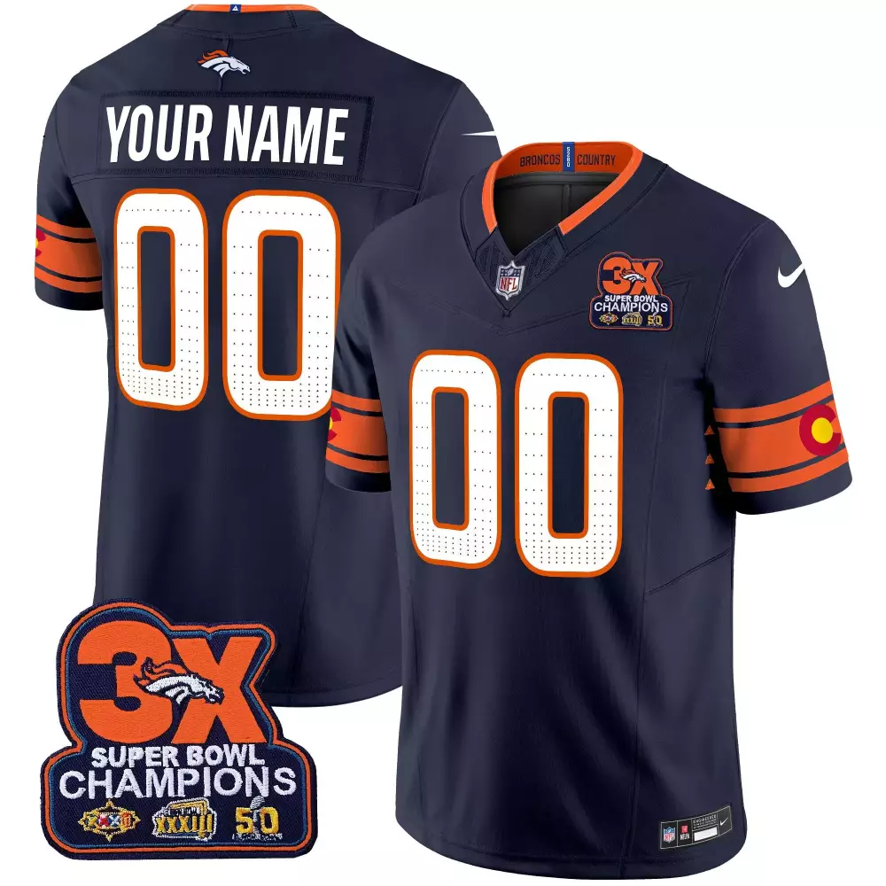 Custom Denver Broncos Jersey Navy Blue Super Bowl Champions 3X Men Orange White Vapor