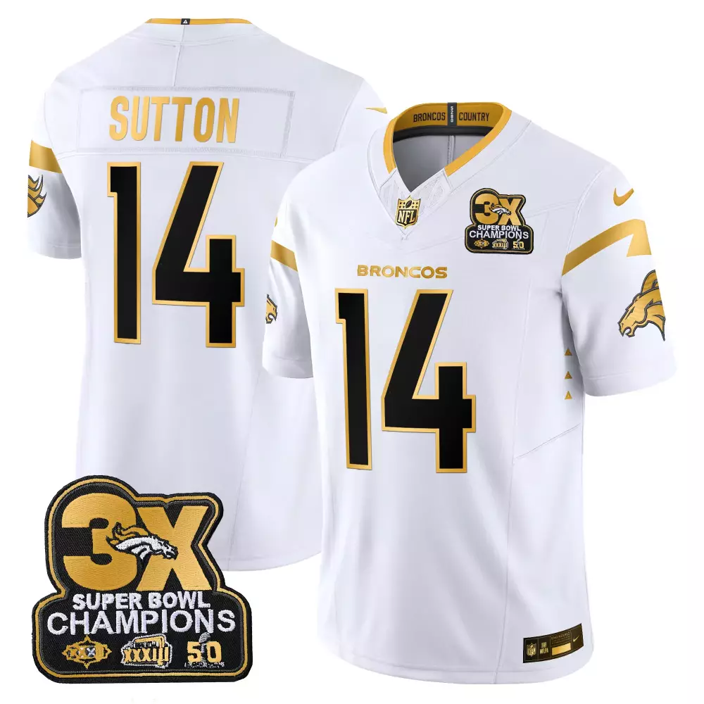 Courtland Sutton 14 Broncos Jersey White 3X Super Bowl Champions Men Alternate Gold